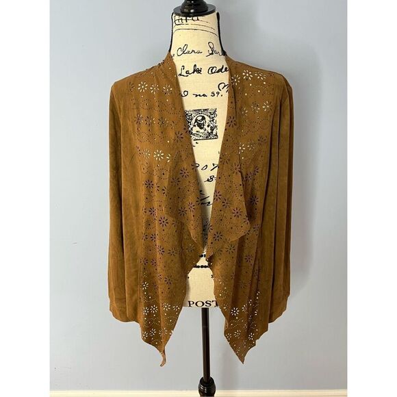 American Rag Women’s L Brown Faux Suede Jacket Laser-cut Floral Front - Picture 1 of 6
